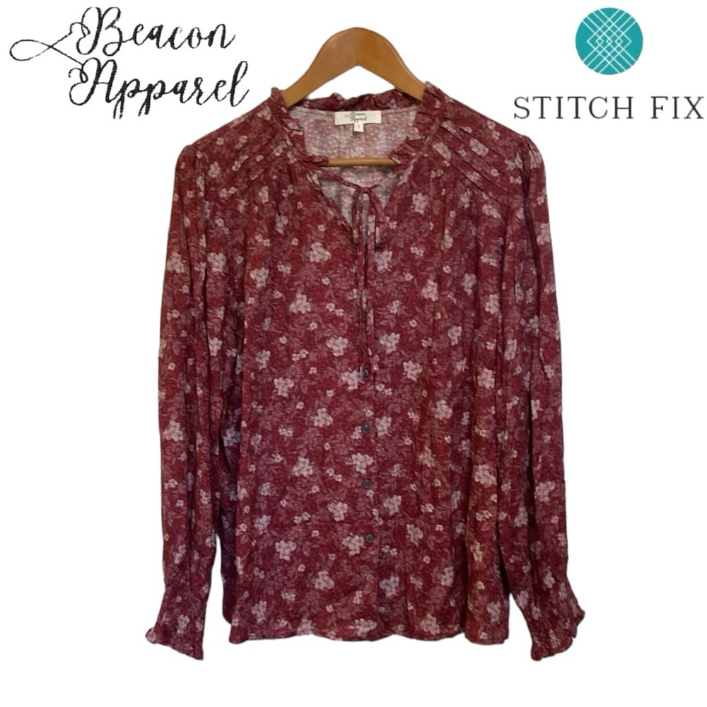 Beacon Apparel New Ruffle Button up Blouse w Smocking at Wrist Large